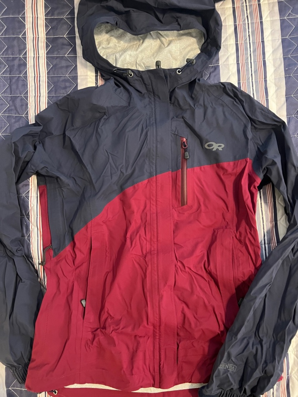 Outdoor Research Hooded Two-Tone Rain Shell — Navy & Wine